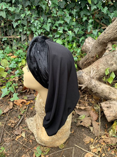 Black Velvet Lycra Snood Turban Hijab | Headscarf For Women | Easy Hijab For Work | Made in the USA by Uptown Girl Headwear