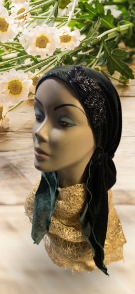 Green Headscarf For Women | Comfy Stretchy Velvet Tichel Hair Wrap Hijab Scarf With Black Sparkly Design | Made in the USA