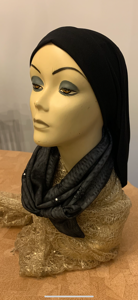 Wrap Around Headscarf For Women | Adjustable Large or Small Head Size | Black Grey Hijab Hair Covering With Petite Crystal Design | No Pins Needed
