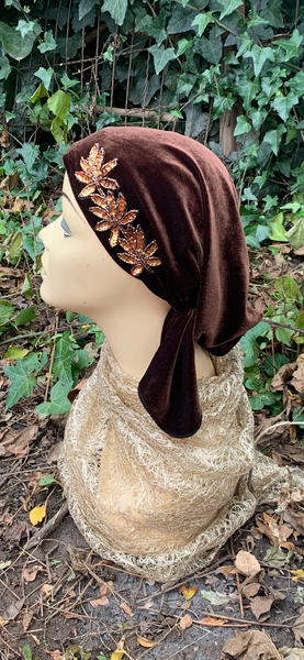 Beautiful Brown Velvet Pre Tied Headscarf With Sparkly Sequins | Made in USA