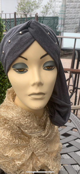 Grey Snood Turban Hijab With Silver Design