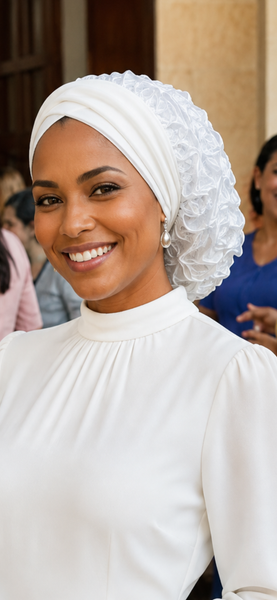 Tsnius Modest Clothing | White Snood With Silver | Uptown Girl Headwear Premium Turban Tichel | Beautiful Head Scarf Made in America