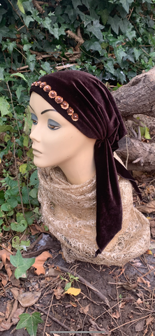 Beautiful Pre Tied Fitted Headscarf | Simple and Easy Slip On Headwear | Brown Velvet Pre Tied Headscarf by Uptown Girl Headwear