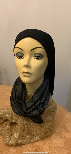 Wrap Around Headscarf For Women | Adjustable Large or Small Head Size | Black Grey Hijab Hair Covering With Petite Crystal Design | No Pins Needed