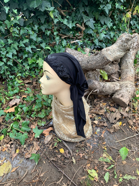 Black Pre Tied Headscarf For Women With Unique Black Sparkly Appliqué Design | Dressy or Casual | Black Modern Fitted Hijab | Made in the USA