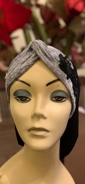 Black Grey Snood With Appliqué | Hijab Turban | Made in USA by Uptown Girl Headwear