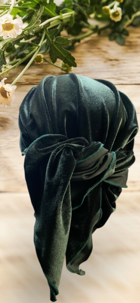 Green Headscarf For Women | Comfy Stretchy Velvet Tichel Hair Wrap Hijab Scarf With Black Sparkly Design | Made in the USA
