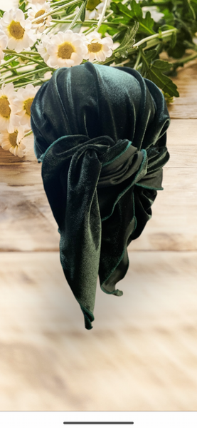 Green Headscarf For Women | Comfy Stretchy Velvet Tichel Hair Wrap Hijab Scarf With Black Sparkly Design | Made in the USA