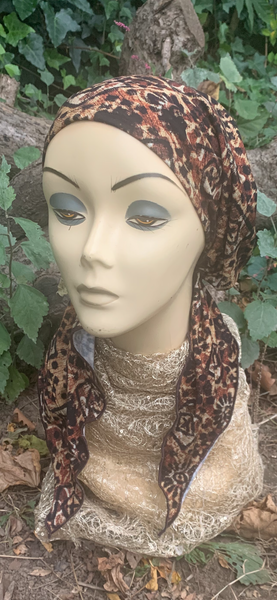 Brown Pre Tied Slip On Hijab Tichel Headscarf Bandana | Cross Design | Rustic Boho Chic Style | Proudly Made In the USA by Uptown Girl Headwear