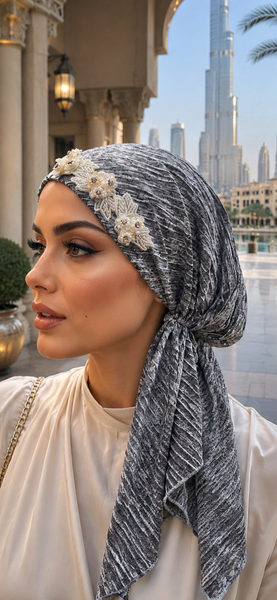 Premium Headscarf | Grey Headscarf For Women | Pre Tied Elasicized Hair Covering With Beautiful Design | Easy To Wear Hijab | Pretty Hair Scarf Tichel | Proudly Made in the USA by Uptown Girl Headwear