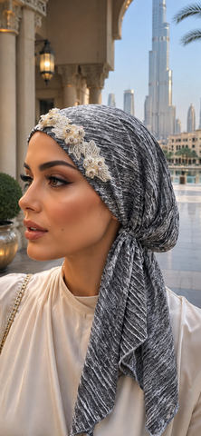 Premium Headscarf | Grey Headscarf For Women | Pre Tied Elasicized Hair Covering With Beautiful Design | Easy To Wear Hijab | Pretty Hair Scarf Tichel | Proudly Made in the USA by Uptown Girl Headwear