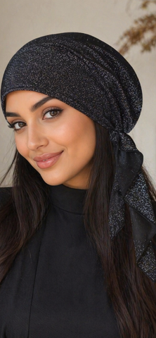 Black Silver Sparkly Pre Tied Headscarf Tichel | Hair Wrap Fashion Hair Scarf | Made in USA