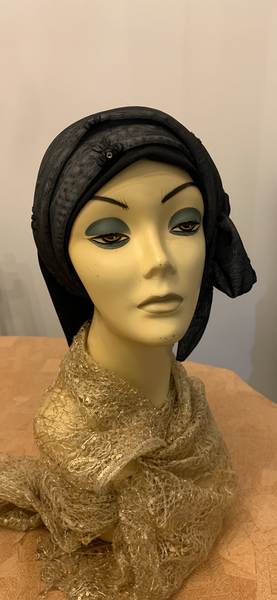 Wrap Around Headscarf For Women | Adjustable Large or Small Head Size | Black Grey Hijab Hair Covering With Petite Crystal Design | No Pins Needed