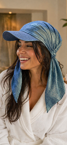 New Headscarf With Brim | Modern Hijab | Perfect For The Swimming Pool | Denim Look Sun Visor Head Scarf | Proudly Made In The USA by Uptown Girl Headwear