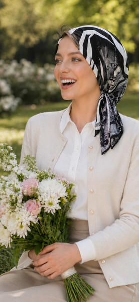 Head Scarf To Cover and Conceal Your Hair | Beach Vibes | Lycra Fabric Black Grey Small Medium Large Pre-Tied Hair Covering Beanie Style Tichel | Made in USA