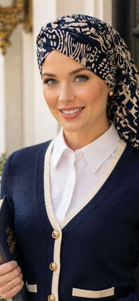 Blue and White Turban Snood Hijab Headscarf For Women | Made in the USA by Uptown Girl Headwear