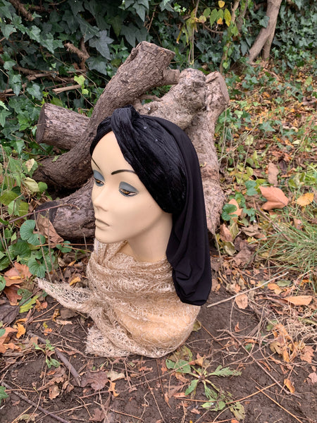 Black Velvet Lycra Snood Turban Hijab | Headscarf For Women | Easy Hijab For Work | Made in the USA by Uptown Girl Headwear
