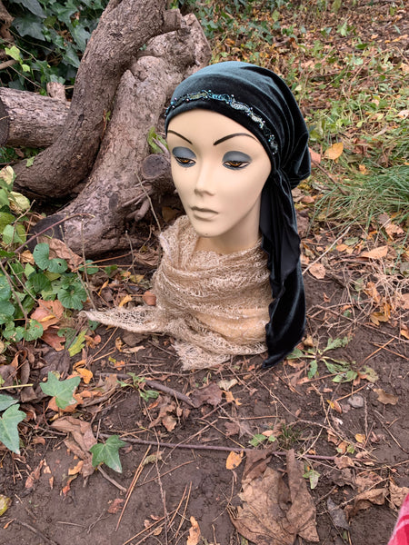 Premium Velvet Green Headscarf For Women | Comfy Stretchy Lightweight Tichel Hair Wrap Hijab Scarf With Green Sparkly Design | Made in the USA