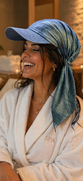 New Headscarf With Brim | Modern Hijab | Perfect For The Swimming Pool | Denim Look Sun Visor Head Scarf | Proudly Made In The USA by Uptown Girl Headwear