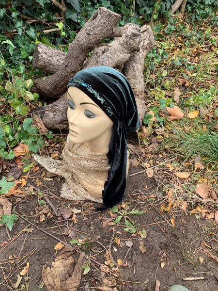 Premium Velvet Green Headscarf For Women | Comfy Stretchy Lightweight Tichel Hair Wrap Hijab Scarf With Green Sparkly Design | Made in the USA