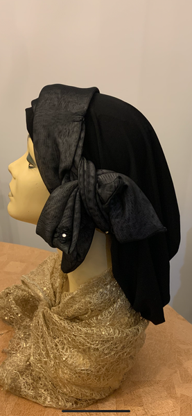 Wrap Around Headscarf For Women | Adjustable Large or Small Head Size | Black Grey Hijab Hair Covering With Petite Crystal Design | No Pins Needed