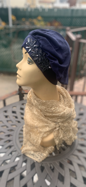 Beanie Hat | Soft Hat | Lightweight Beret | Pleated Navy Blue Hat Beret With Design
