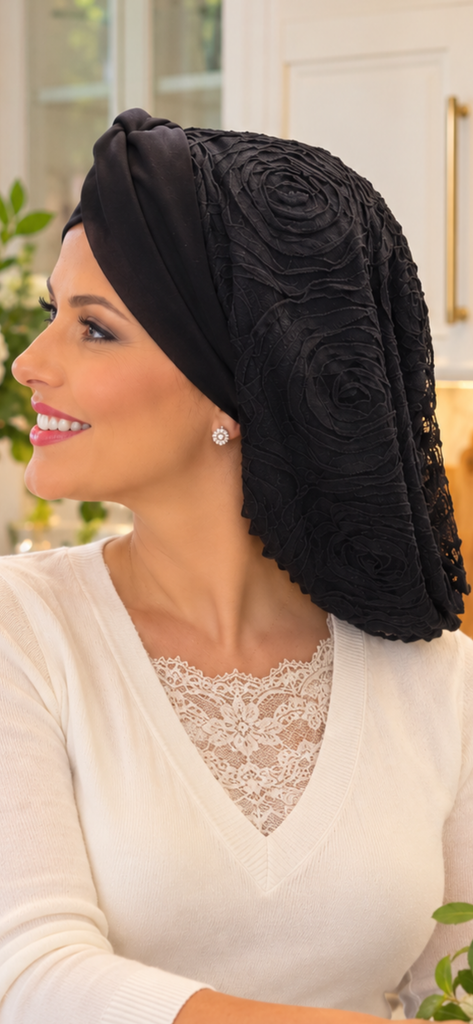 Black Snood | Lace Snood | Black Turban Hijab Scarf For Women | Uptown Girl Headwear Made in USA