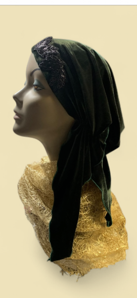 Green Headscarf For Women | Comfy Stretchy Velvet Tichel Hair Wrap Hijab Scarf With Black Sparkly Design | Made in the USA