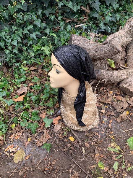 Wig Alternative | Premium Sparkly Black Pre Tied Headscarf Hijab Tichel | Fancy Dressy Formal Hair Wrap For Women | Made in USA Quality