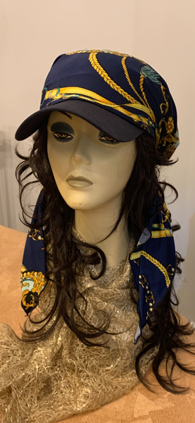 Navy Blue Sun Visor Headscarf With Design | Rich Stylish Pattern | Fashion Beanie With Brim | Hijab or Wig Alternate For Long Hair Short Hair or Thinning Hair