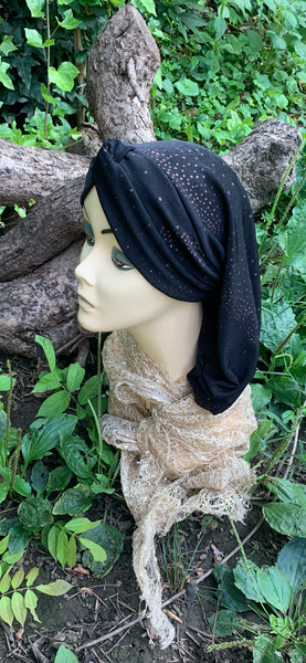 Black Slinky Snood | Black Hijab | Black Turban For Women With Copper Sparkle Design | Made in USA