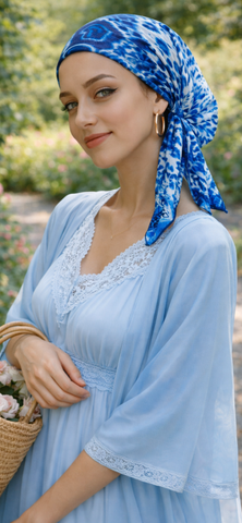 Pre Tied Headscarf For The Beach | Swim Cap | Swimming Pool Tie Back Cap in Tie Dye Blue Beautiful Print | Hair Wrap For All Seasons