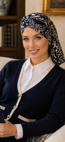 Blue and White Turban Snood Hijab Headscarf For Women | Made in the USA by Uptown Girl Headwear