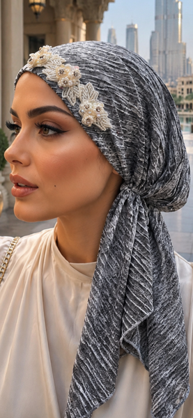 Premium Headscarf | Grey Headscarf For Women | Pre Tied Elasicized Hair Covering With Beautiful Design | Easy To Wear Hijab | Pretty Hair Scarf Tichel | Proudly Made in the USA by Uptown Girl Headwear