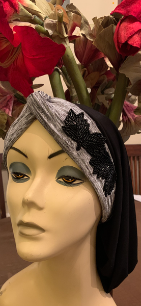 Vintage Style Black Grey Snood With Design | Hijab Turban Tichel Store In Brooklyn | Proudly Made in USA by Uptown Girl Headwear