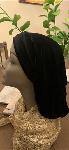 Black Snood Turban Beanie Hijab | Black Stretchy Rich Velvet Head Covering To Conceal Hair