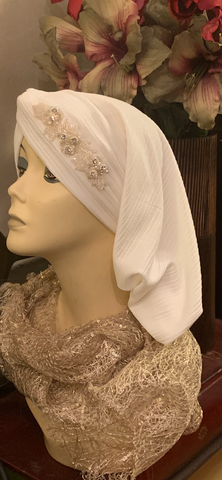 White Snood | Pearl White Tichel | Ivory Turban Snood Hijab Head Scarf With Beautiful Design | Made in USA by Uptown Girl Headwear