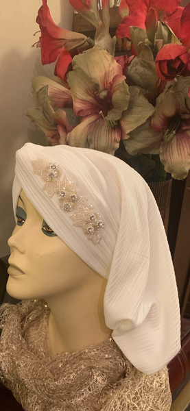 White Snood | Pearl White Tichel | Ivory Turban Snood Hijab Head Scarf With Beautiful Design | Made in USA by Uptown Girl Headwear