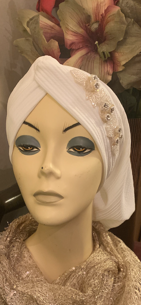Ivory Turban Snood Hijab Head Scarf With Beautiful Design | Made in USA by Uptown Girl Headwear