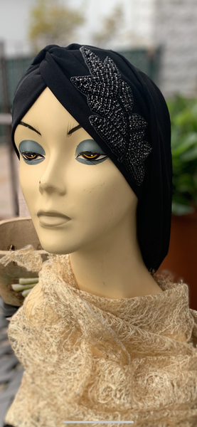 Black Snood With Fancy Appliqué Design by Uptown Girl Headwear