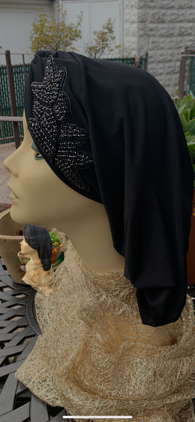 Black Snood With Fancy Appliqué Design by Uptown Girl Headwear