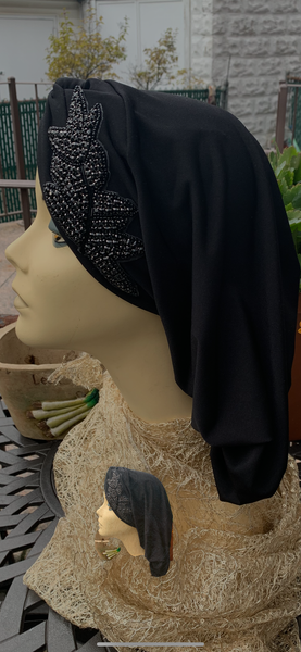 Black Snood With Fancy Appliqué Design by Uptown Girl Headwear