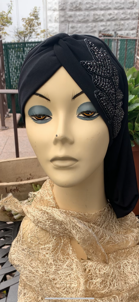 Black Snood With Fancy Appliqué Design by Uptown Girl Headwear