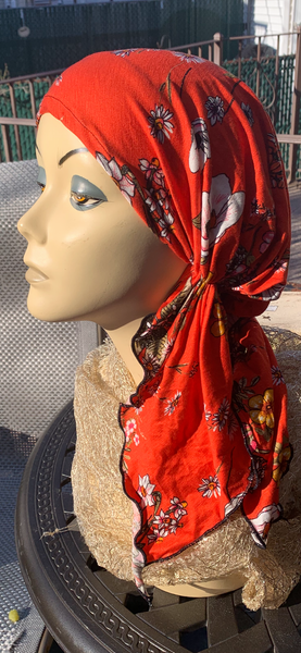 Orange Floral Pre Tied Head Scarf For Women | Made in USA by Uptown Girl Headwear