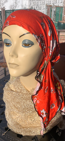 Orange Floral Pre Tied Head Scarf For Women | Made in USA by Uptown Girl Headwear