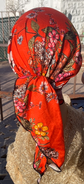 Orange Floral Pre Tied Head Scarf For Women | Made in USA by Uptown Girl Headwear