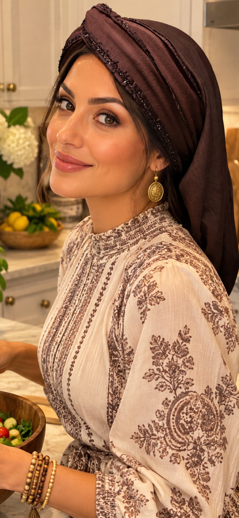 Solid Brown Turban Snood Hijab With Design | Headscarf For Woman