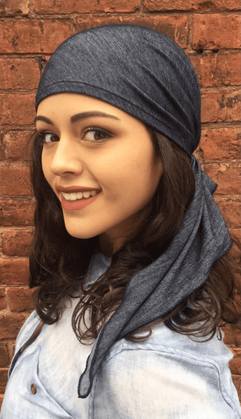 Denim Tie Back Hat Blue Soft Comfortable Stretchy Pre-Tied Modern Hair Wrap