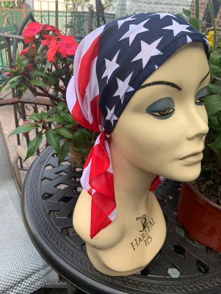 America Stars and Stripes Patriotic American Flag Bandana | Pre Tied Fitted Hair Scarf For Men and Women