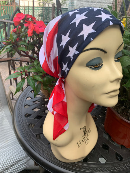 Stars and Stripes Patriotic American Flag Bandana | Pre Tied Fitted Hair Scarf For Men and Women